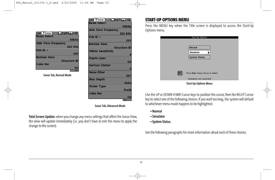 Humminbird 981 START-UP Options Menu, Normal Simulator System Status, Sonar Tab, Normal Mode Sonar Tab, Advanced Mode 