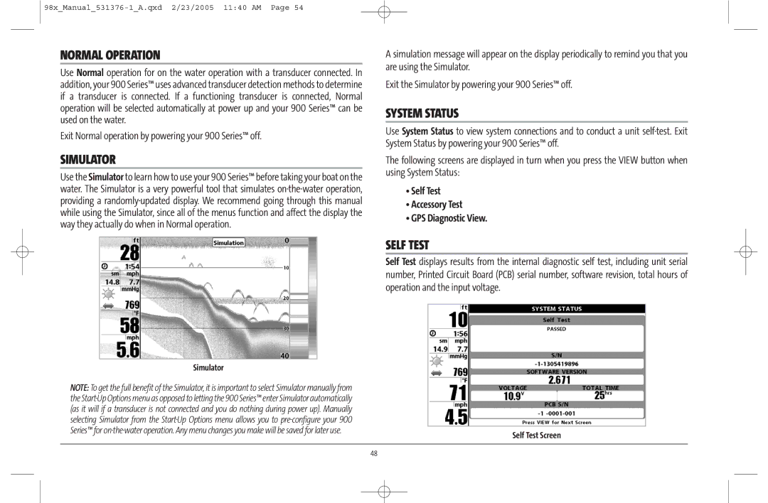 Humminbird 981 manual Normal Operation, Simulator, System Status, Self Test Accessory Test GPS Diagnostic View 