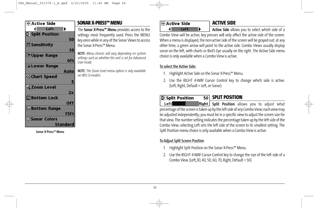 Humminbird 981 manual Sonar X-PRESS Menu, Split Position, To select the Active Side, To Adjust Split Screen Position 