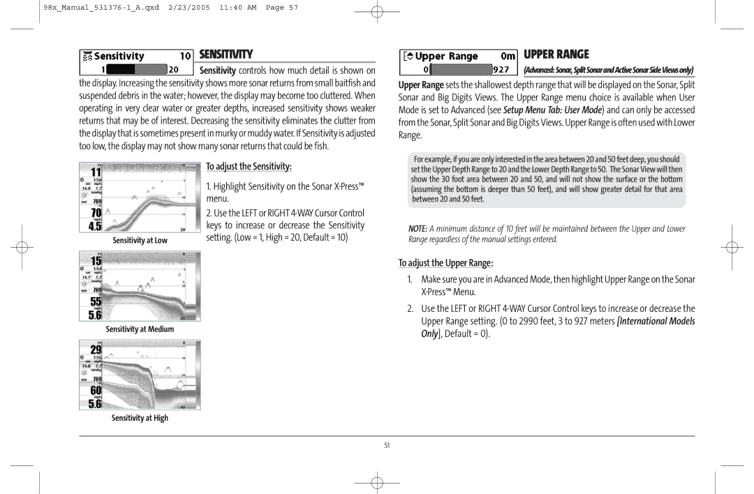 Humminbird 981 manual Upper Range, To adjust the Sensitivity, Highlight Sensitivity on the Sonar X-Press menu 