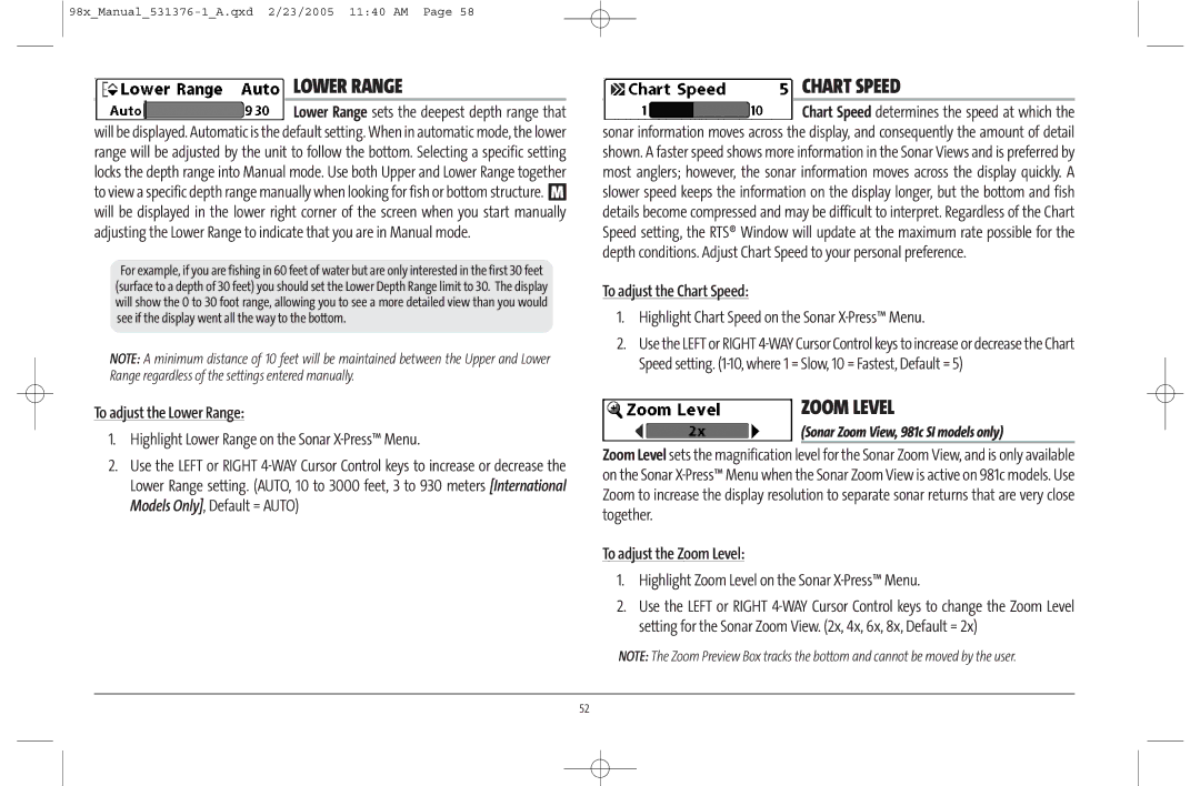 Humminbird 981 manual Lower Range, Chart Speed, Zoom Level 