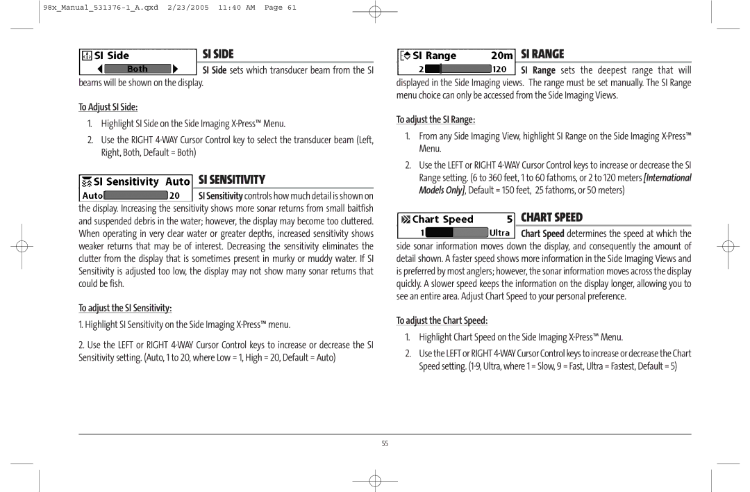 Humminbird 981 manual SI Side, SI Sensitivity, SI Range 