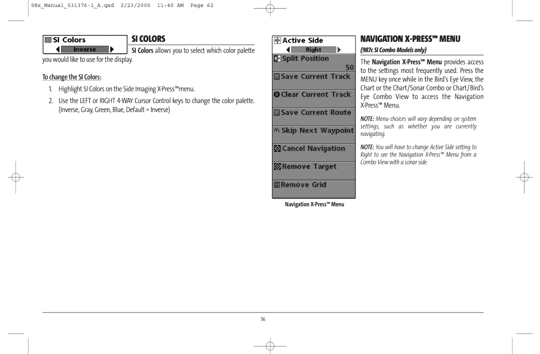 Humminbird 981 Navigation X-PRESS Menu, To change the SI Colors, Highlight SI Colors on the Side Imaging X-Pressmenu 