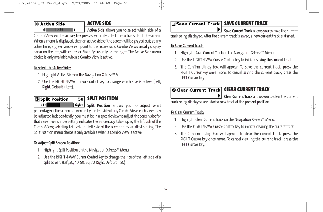 Humminbird 981 manual To Save Current Track, To Clear Current Track 