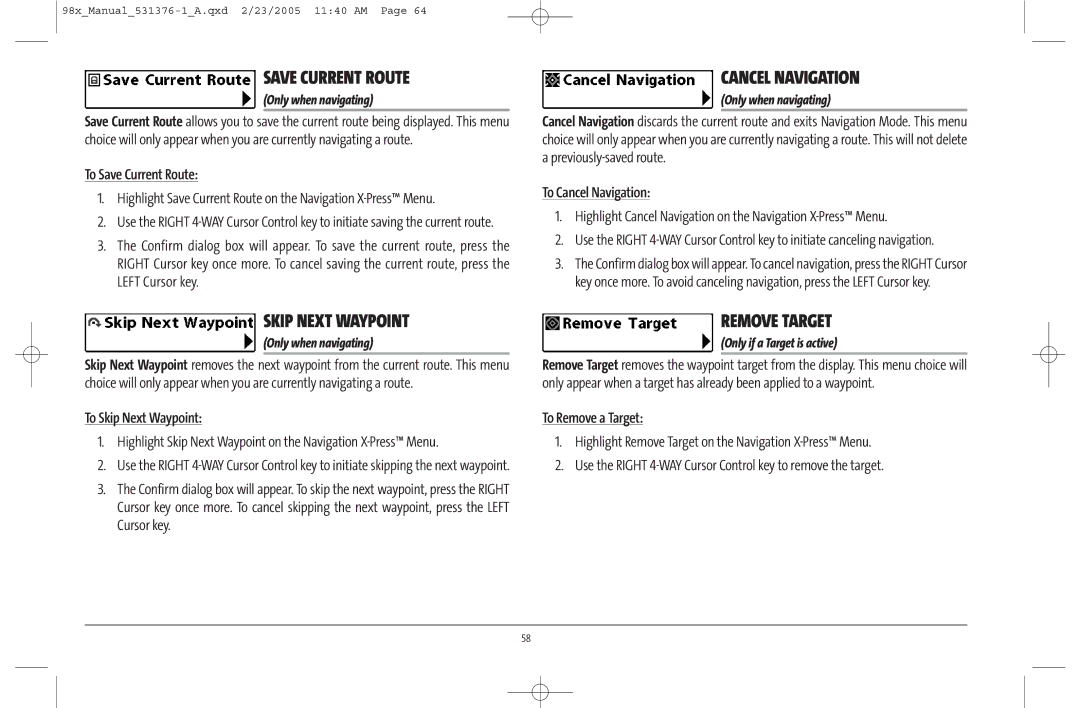 Humminbird 981 manual Save Current Route, Cancel Navigation, Skip Next Waypoint, Remove Target 