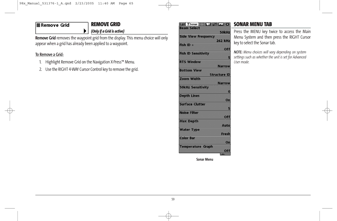 Humminbird 981 manual Remove Grid, Sonar Menu TAB, To Remove a Grid, Only if a Grid is active 