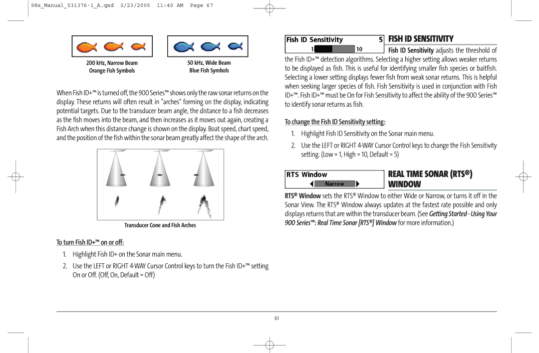 Humminbird 981 To turn Fish ID+ on or off, To change the Fish ID Sensitivity setting, Transducer Cone and Fish Arches 