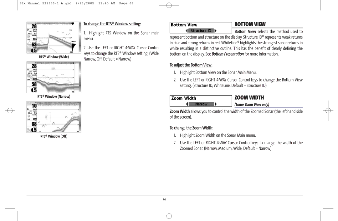 Humminbird 981 manual To change the RTS Window setting, To adjust the Bottom View, To change the Zoom Width 