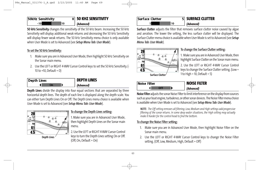 Humminbird 981 manual KHZ Sensitivity, Depth Lines, Surface Clutter, Noise Filter 