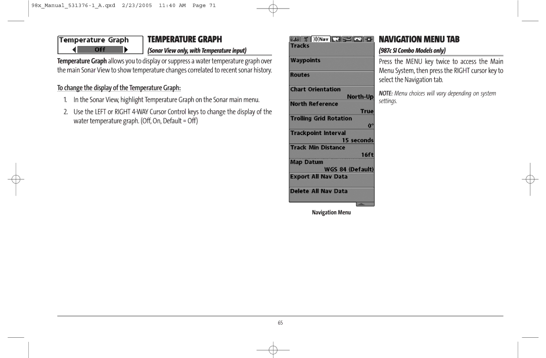 Humminbird 981 manual Navigation Menu TAB, To change the display of the Temperature Graph 