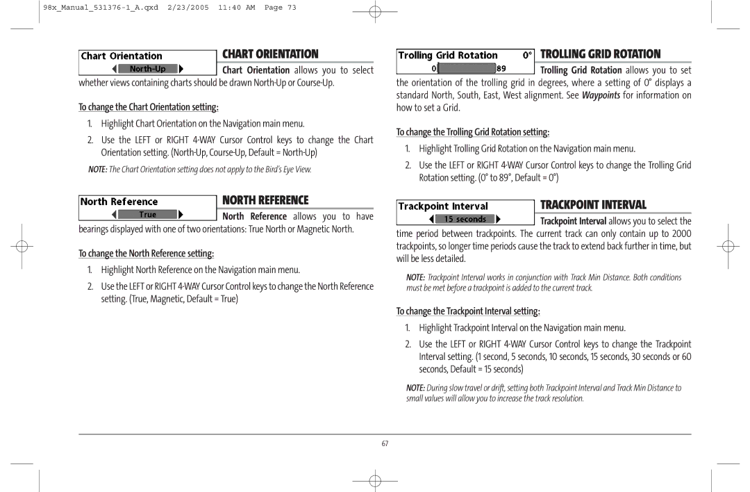 Humminbird 981 manual Chart Orientation, North Reference, Trolling Grid Rotation, Trackpoint Interval 