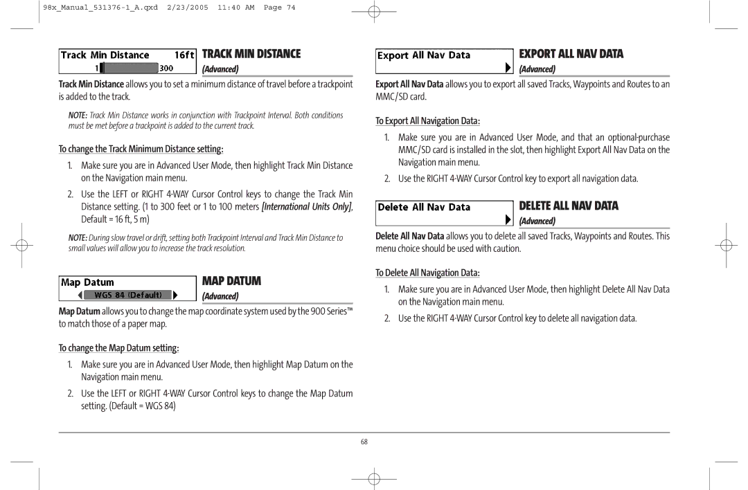 Humminbird 981 manual Track MIN Distance, MAP Datum, Export ALL NAV Data, Delete ALL NAV Data 
