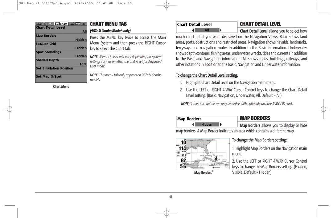 Humminbird 981 manual Chart Menu TAB, MAP Borders, To change the Chart Detail Level setting 