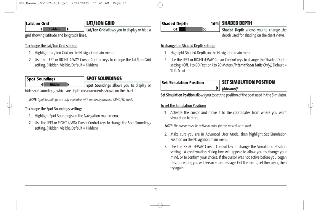 Humminbird 981 manual LAT/LON Grid, Spot Soundings, Shaded Depth, SET Simulation Position 