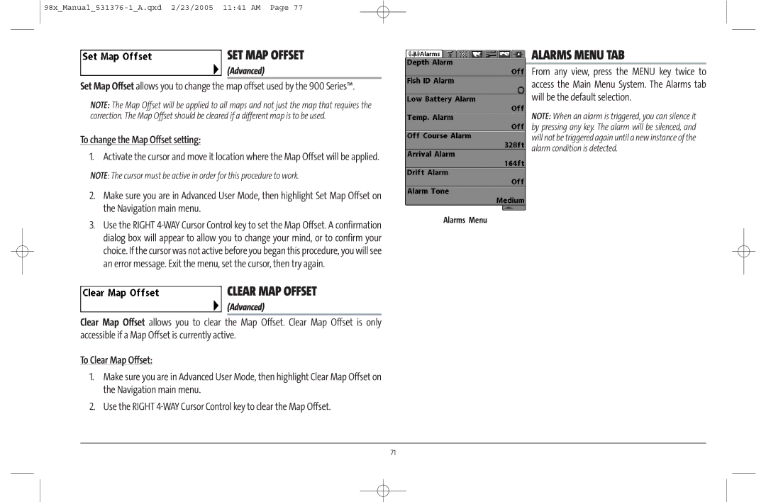 Humminbird 981 SET MAP Offset, Clear MAP Offset, Alarms Menu TAB, To change the Map Offset setting, To Clear Map Offset 