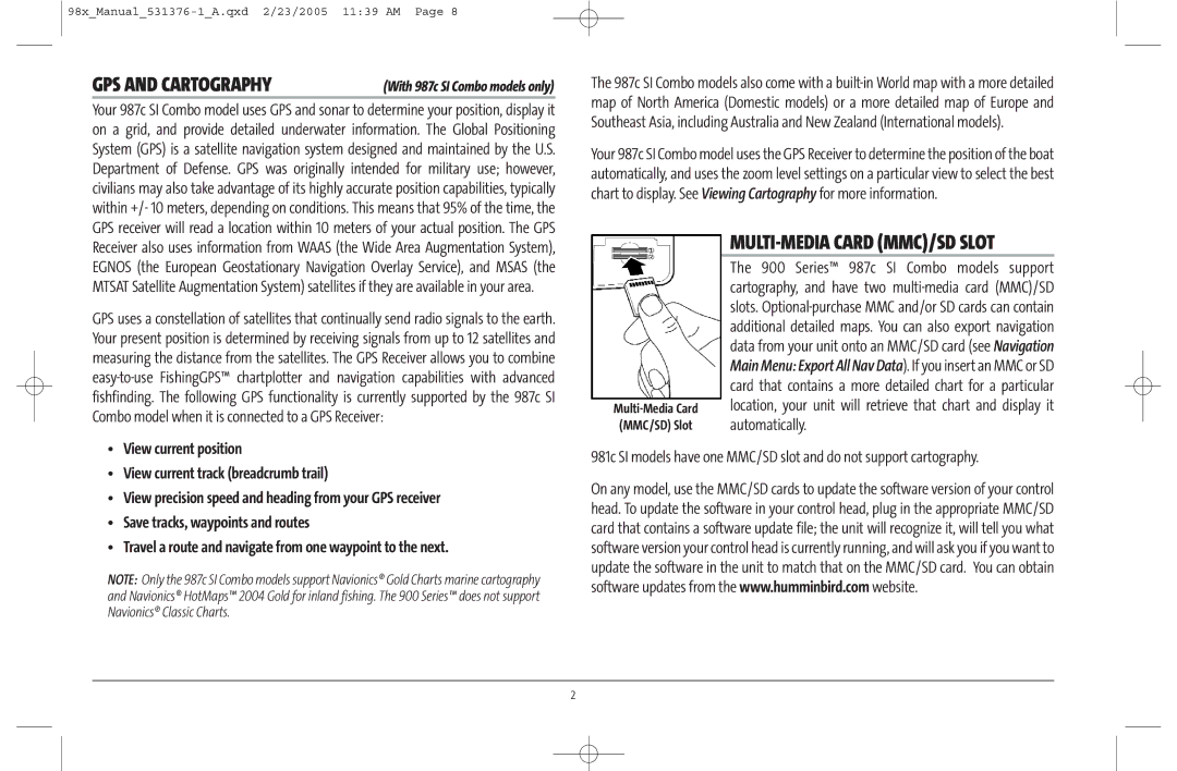 Humminbird 981 manual MULTI-MEDIA Card MMC/SD Slot, Multi-Media Card MMC/SD Slot 