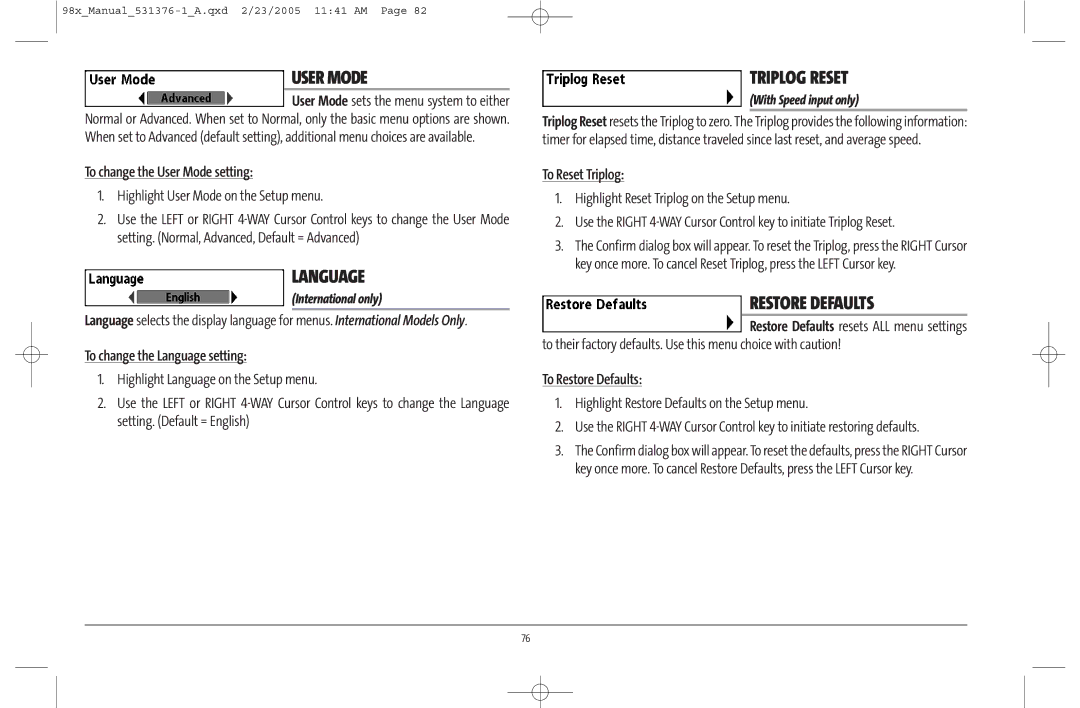 Humminbird 981 manual User Mode, Language, Triplog Reset, Restore Defaults 