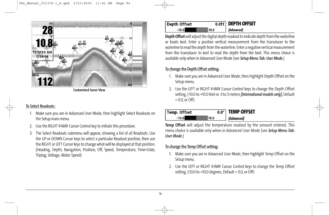 Humminbird 981 manual To Select Readouts, To change the Depth Offset setting, To change the Temp Offset setting 