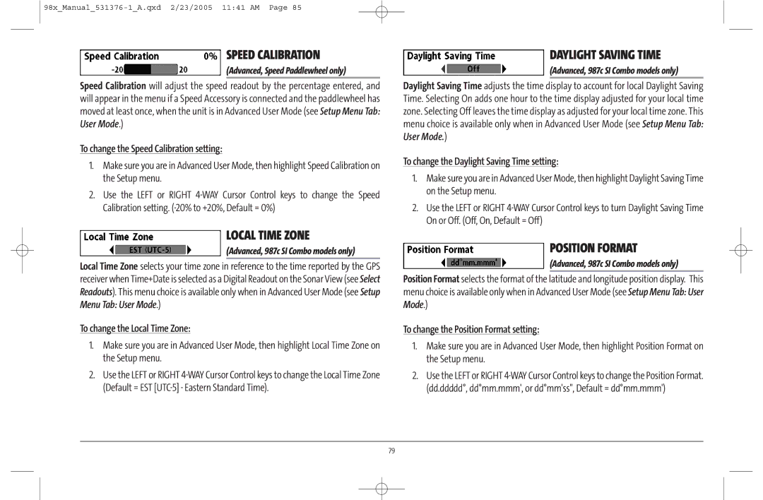 Humminbird 981 manual Speed Calibration, Local Time Zone, Daylight Saving Time, Position Format 