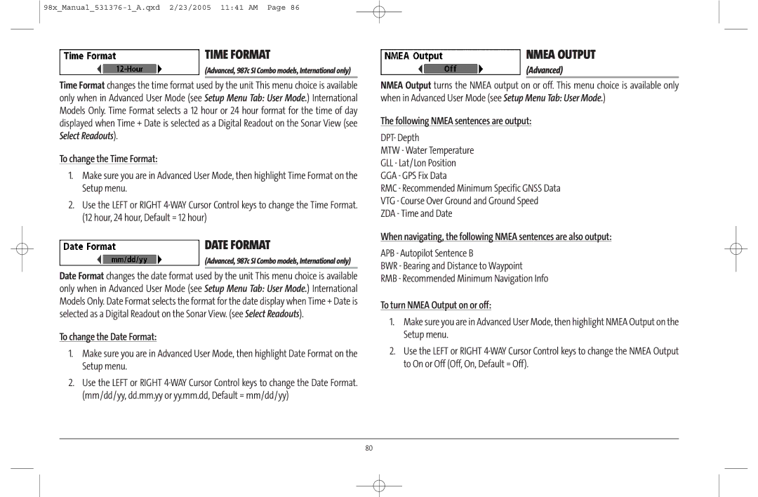 Humminbird 981 manual Time Format, Date Format, Nmea Output 