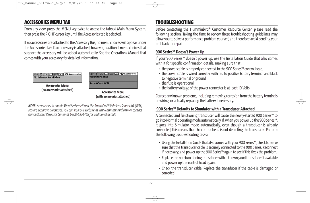 Humminbird 981 manual Accessories Menu TAB, Troubleshooting, Series Doesn’t Power Up 