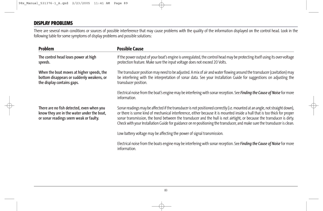 Humminbird 981 manual Display Problems, Control head loses power at high speeds 
