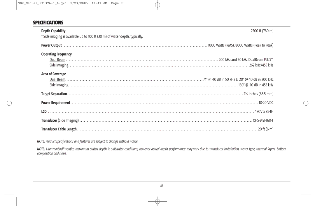 Humminbird 981 manual Specifications, Area of Coverage 