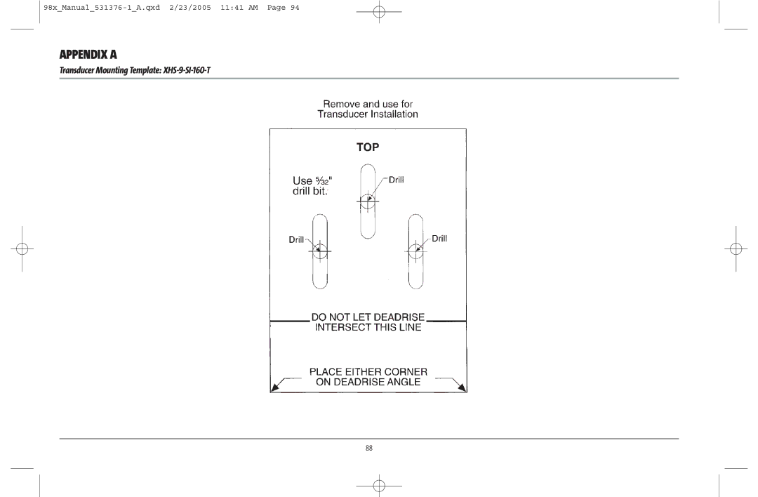 Humminbird 981 manual Appendix a, Transducer Mounting Template XHS-9-SI-160-T 