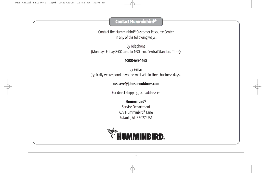 Humminbird 981 manual Contact Humminbird 