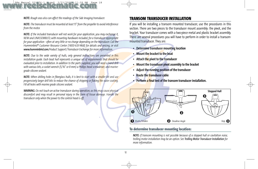 Humminbird 987C SI COMBO manual Transom Transducer Installation, Stepped Hull 