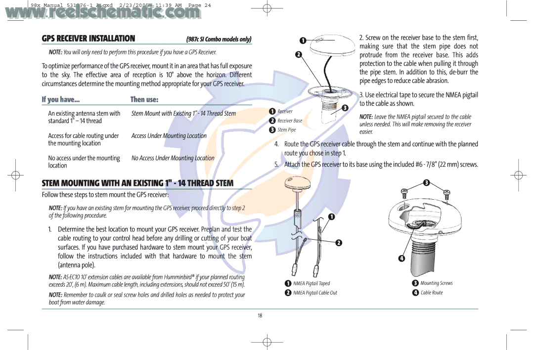 Humminbird 987C SI COMBO manual Follow these steps to stem mount the GPS receiver, To the cable as shown 