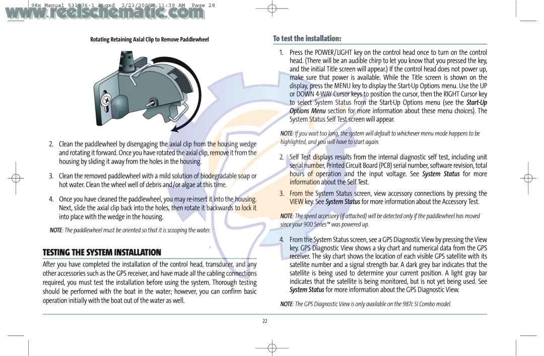 Humminbird 987C SI COMBO manual Testing the System Installation, Rotating Retaining Axial Clip to Remove Paddlewheel 