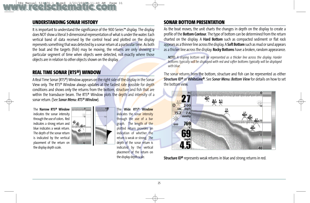 Humminbird 987C SI COMBO manual Understanding Sonar History, Real Time Sonar RTS Window, Sonar Bottom Presentation 