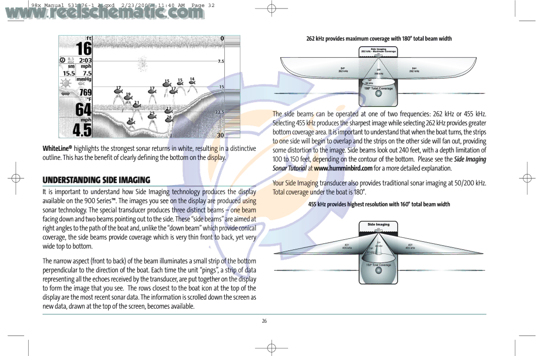 Humminbird 987C SI COMBO manual Understanding Side Imaging, KHz provides maximum coverage with 180 total beam width 