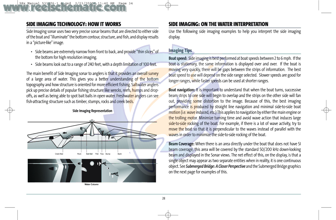 Humminbird 987C SI COMBO manual Side Imaging Technology HOW IT Works, Side Imaging on the Water Interpretation 