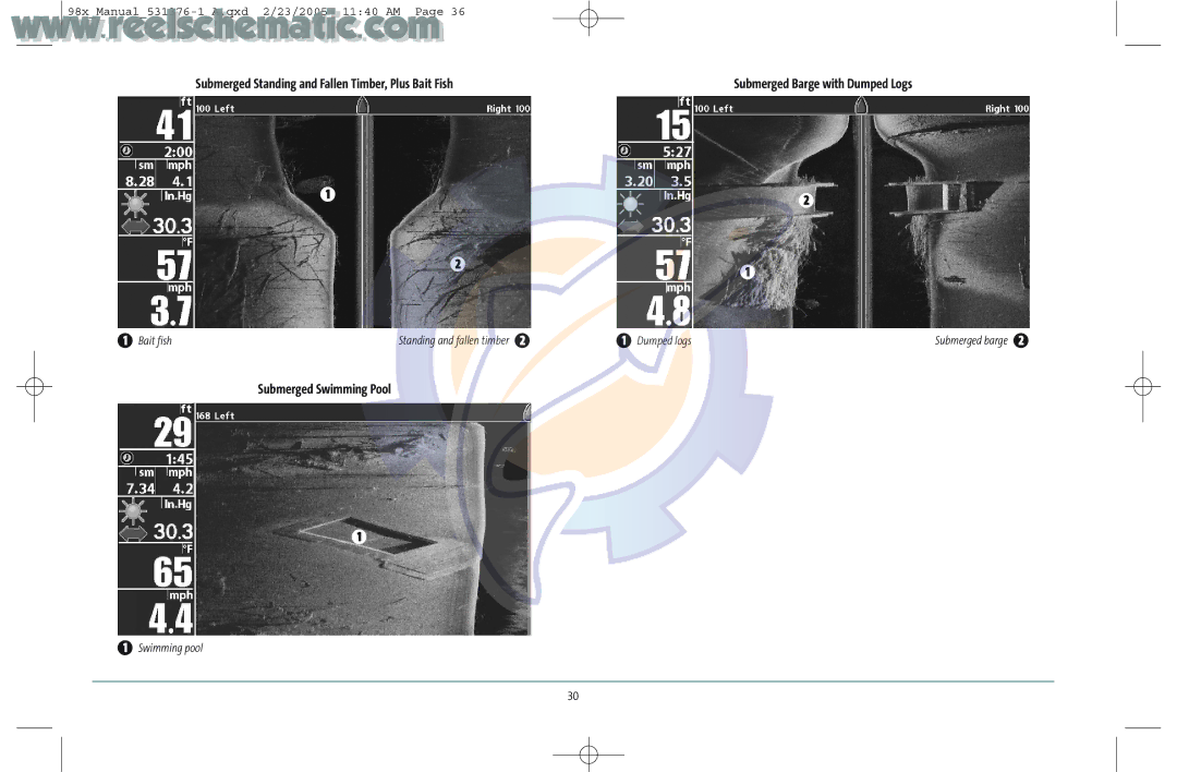 Humminbird 987C SI COMBO manual Submerged Standing and Fallen Timber, Plus Bait Fish, Submerged Swimming Pool 