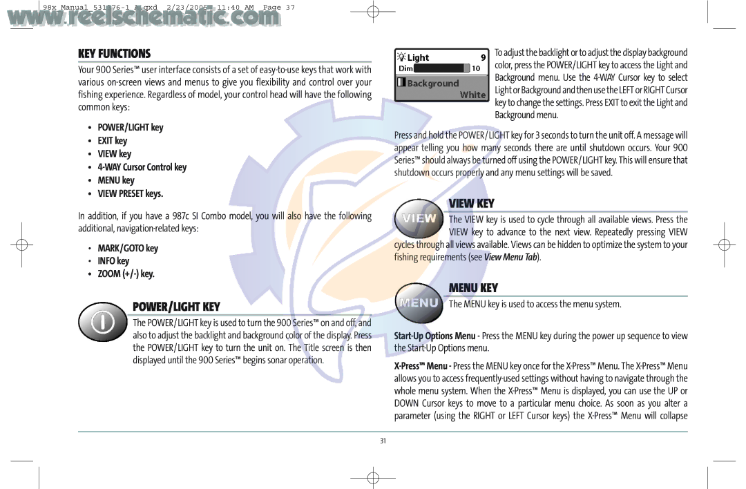 Humminbird 987C SI COMBO manual KEY Functions, Power/Light Key, View KEY, Menu KEY, MARK/GOTO key Info key Zoom +/- key 