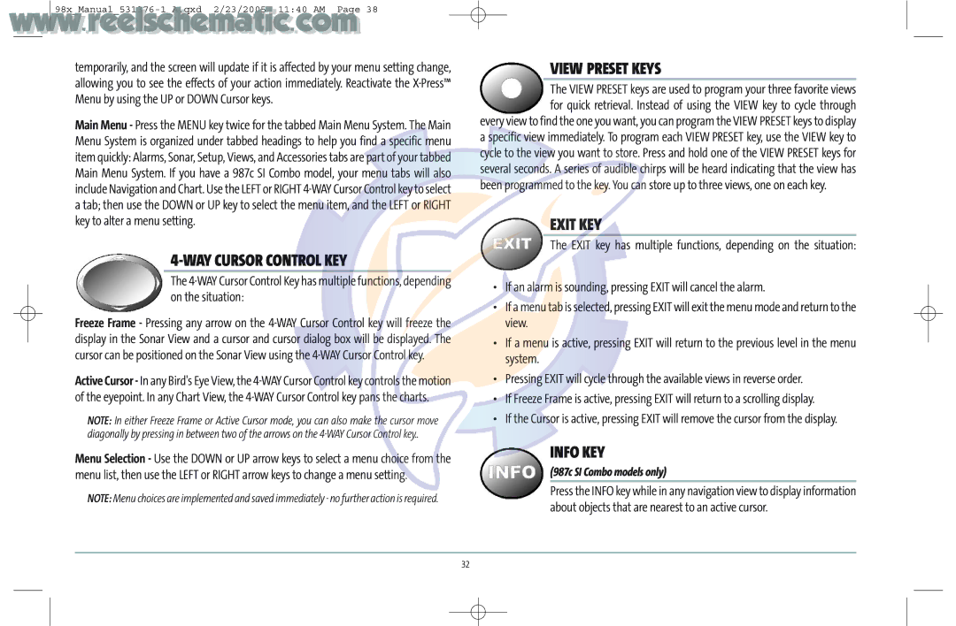 Humminbird 987C SI COMBO manual WAY Cursor Control KEY, View Preset Keys, Exit KEY, Info KEY, 987c SI Combo models only 