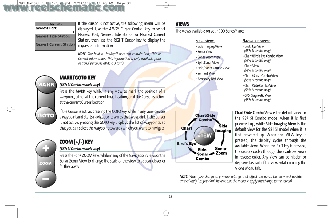 Humminbird 987C SI COMBO Mark/Goto Key, Views available on your 900 Series are, Sonar views, Requested information 