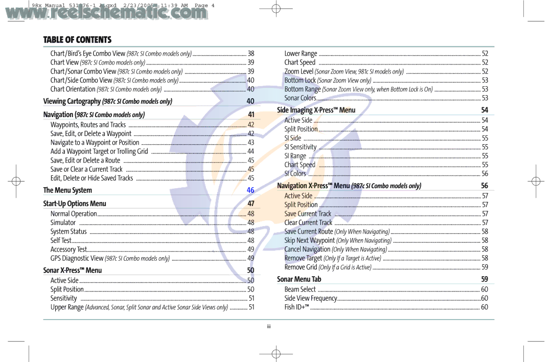 Humminbird 987C SI COMBO Menu System Start-Up Options Menu, Sonar X-Press Menu, Side Imaging X-Press Menu, Sonar Menu Tab 