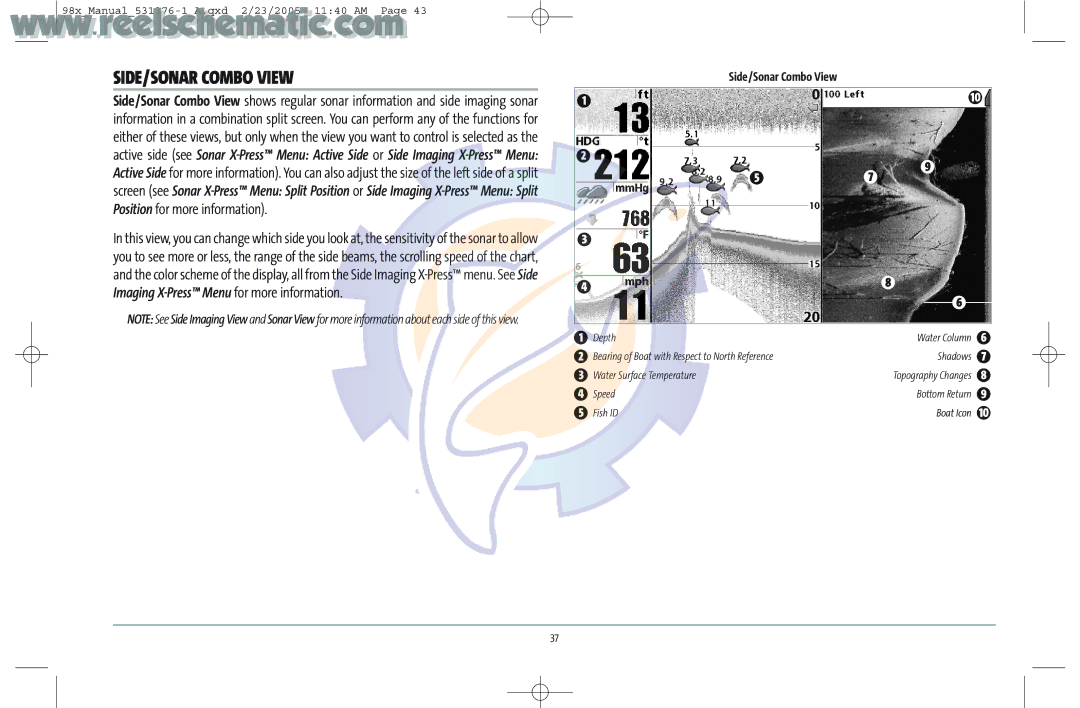 Humminbird 987C SI COMBO manual SIDE/SONAR Combo View, Side/Sonar Combo View 