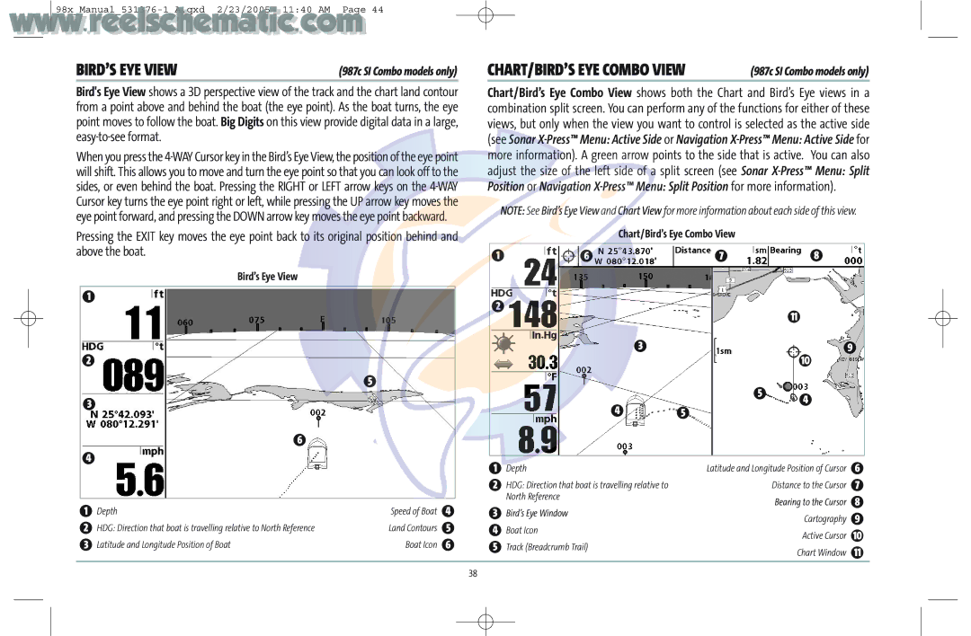 Humminbird 987C SI COMBO manual Bird’s Eye View, Chart/Bird’s Eye Combo View 