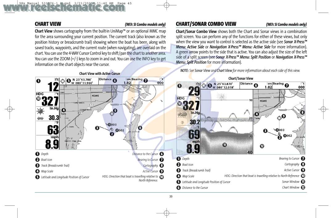 Humminbird 987C SI COMBO manual Chart View with Active Cursor, Chart/Sonar View 