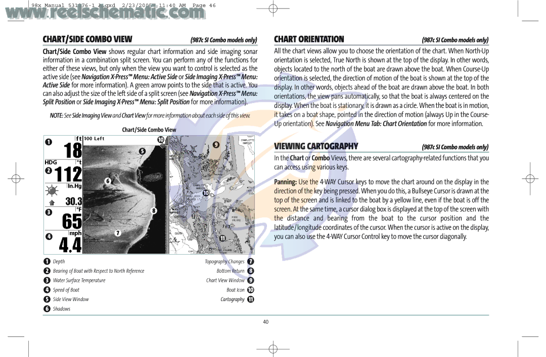 Humminbird 987C SI COMBO manual CHART/SIDE Combo View, Chart/Side Combo View 