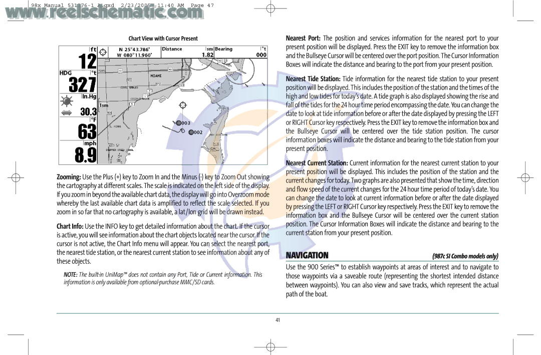 Humminbird 987C SI COMBO manual Navigation, Chart View with Cursor Present 