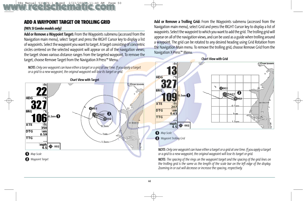 Humminbird 987C SI COMBO manual ADD a Waypoint Target or Trolling Grid, Chart View with Target, Chart View with Grid 