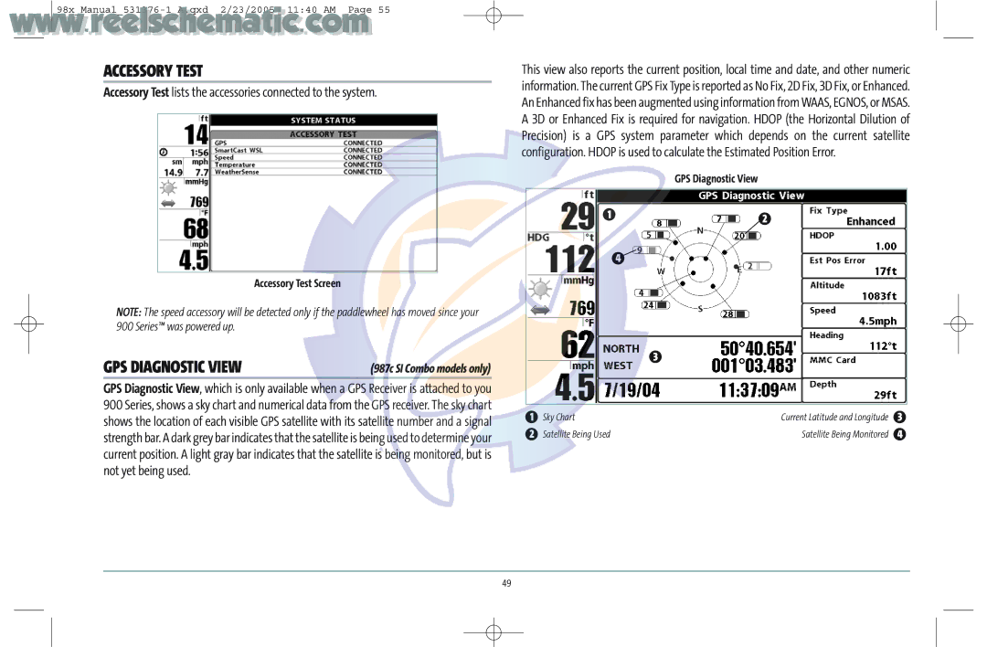 Humminbird 987C SI COMBO manual Accessory Test Screen, GPS Diagnostic View 