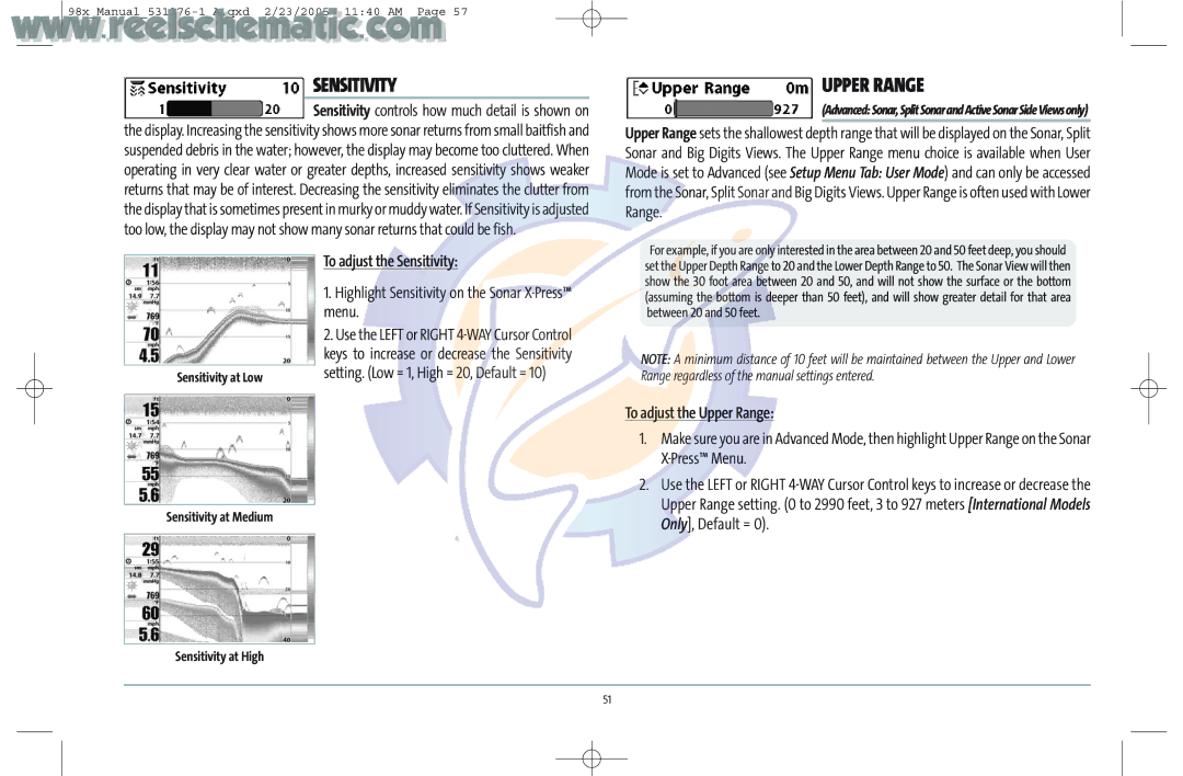 Humminbird 987C SI COMBO manual Upper Range, To adjust the Sensitivity, Highlight Sensitivity on the Sonar X-Press menu 