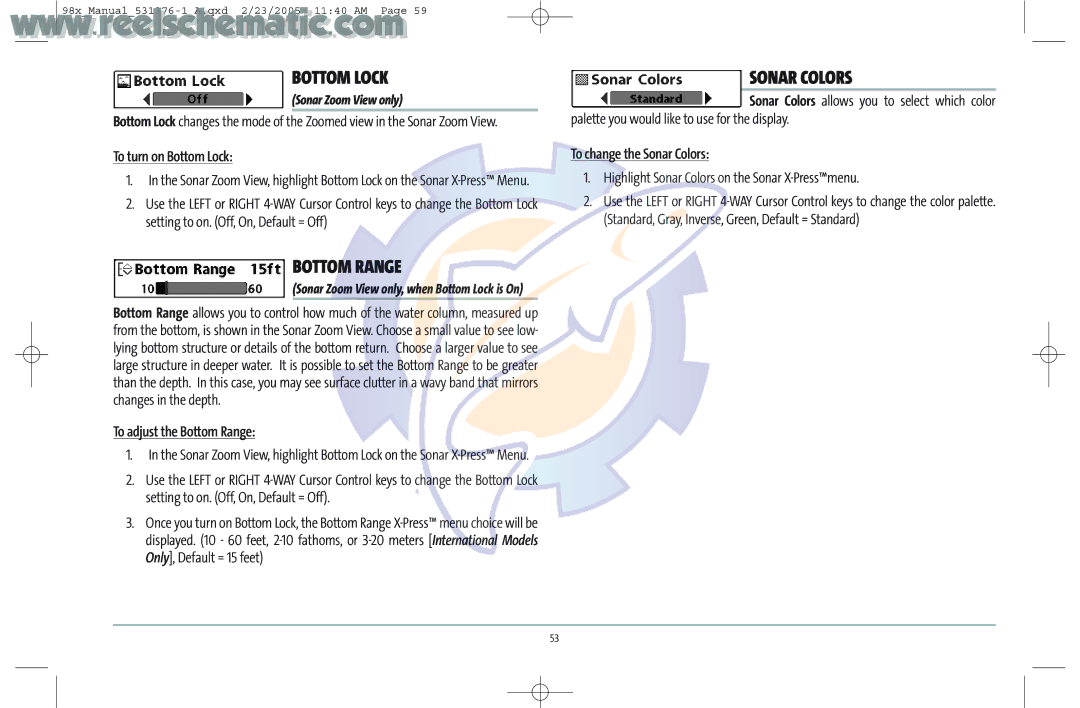 Humminbird 987C SI COMBO manual Bottom Lock, Bottom Range, Sonar Colors 