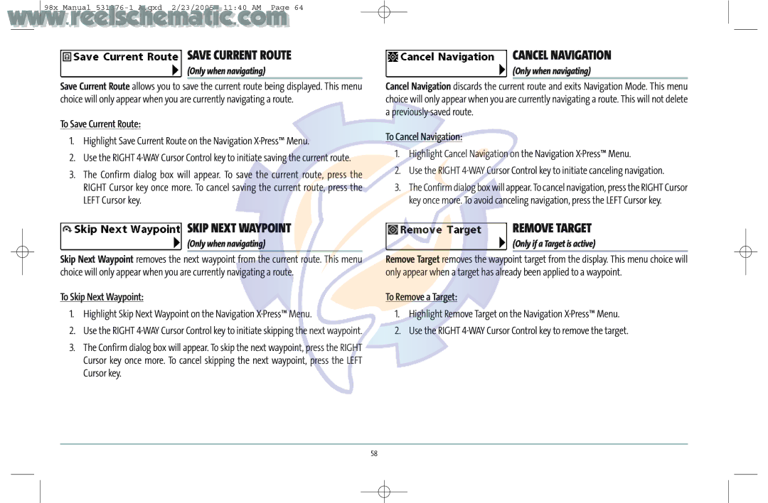 Humminbird 987C SI COMBO manual Save Current Route, Skip Next Waypoint, Cancel Navigation, Remove Target 